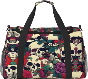 Floral Skulls Travel Tote Bag – Large Reusable Shopping Bag, Vacation Tote, Sports Duffel Bag with Adjustable Crossbody Strap