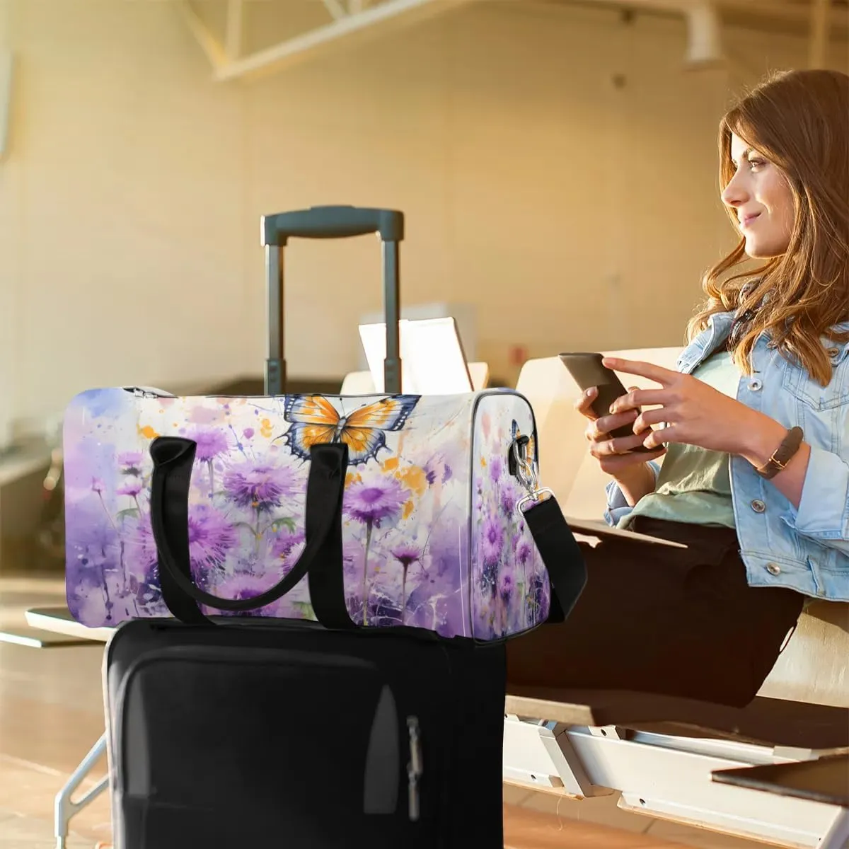 Flowers Butterfly Travel Duffel Bag for Women Men Waterproof Foldable Overnight Weekender Bag Large Capacity Sports Gym Bag
