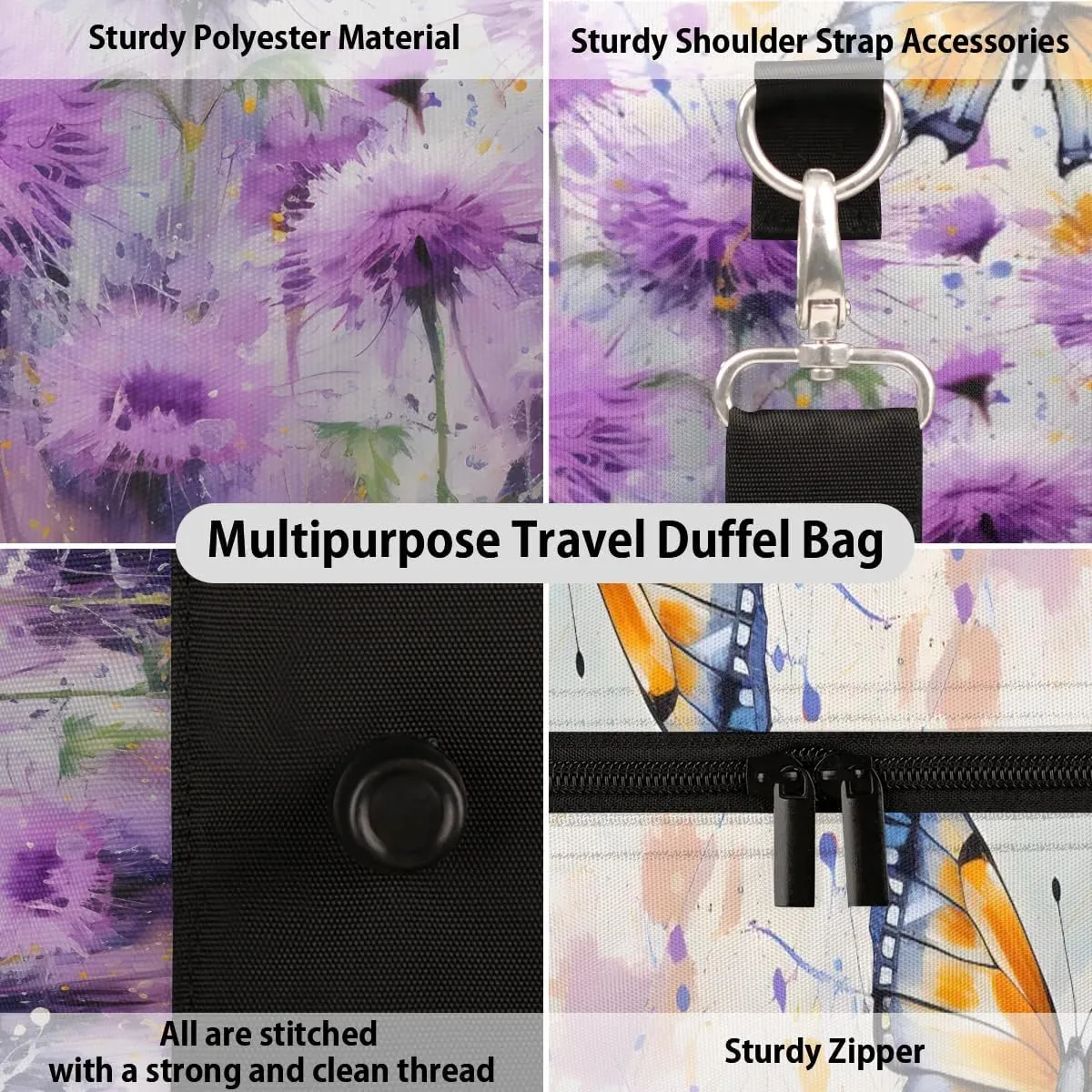 Flowers Butterfly Travel Duffel Bag for Women Men Waterproof Foldable Overnight Weekender Bag Large Capacity Sports Gym Bag