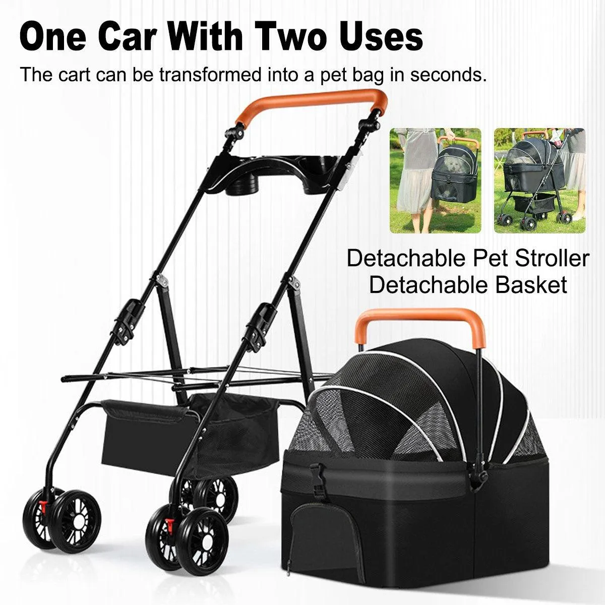 Foldable 2 in 1 Pet Stroller for Outdoor Travel Outing Lightweight Pet Carrier