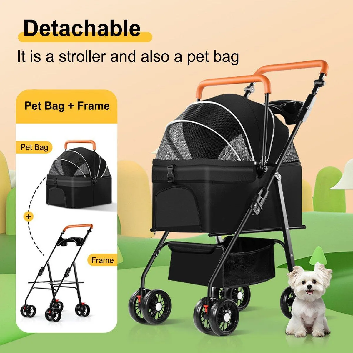 Foldable 2 in 1 Pet Stroller for Outdoor Travel Outing Lightweight Pet Carrier