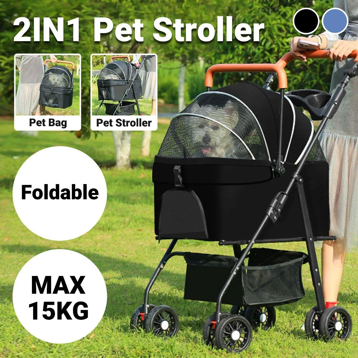 Foldable 2 in 1 Pet Stroller for Outdoor Travel Outing Lightweight Pet Carrier