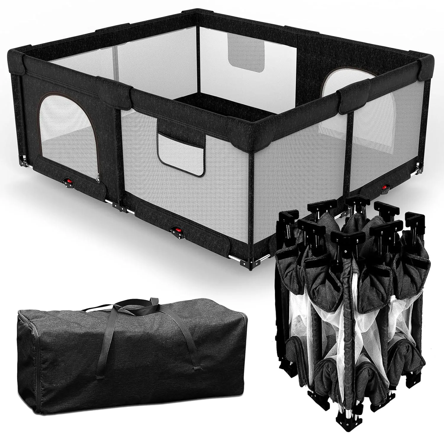 Foldable Baby Playpen with Gate, Extra Large Collapsible Play Yard for Babies & Toddlers, Portable Travel Play Pen with Fence, Safe Activity Center for Indoor & Outdoor Use (59"×71" Black)