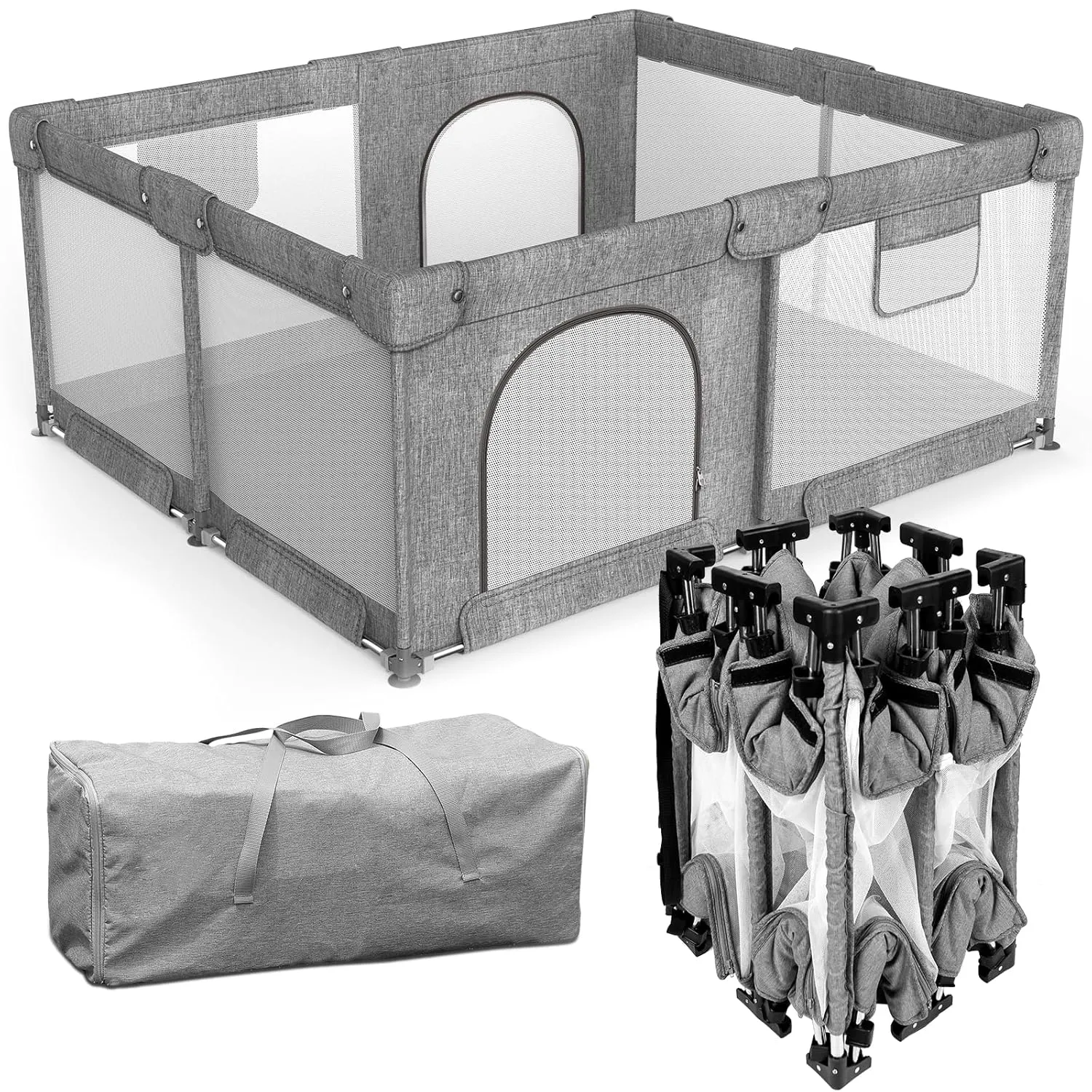 Foldable Baby Playpen with Gate, Extra Large Collapsible Play Yard for Babies & Toddlers, Portable Travel Play Pen with Fence, Safe Activity Center for Indoor & Outdoor Use (59"×71" Grey)