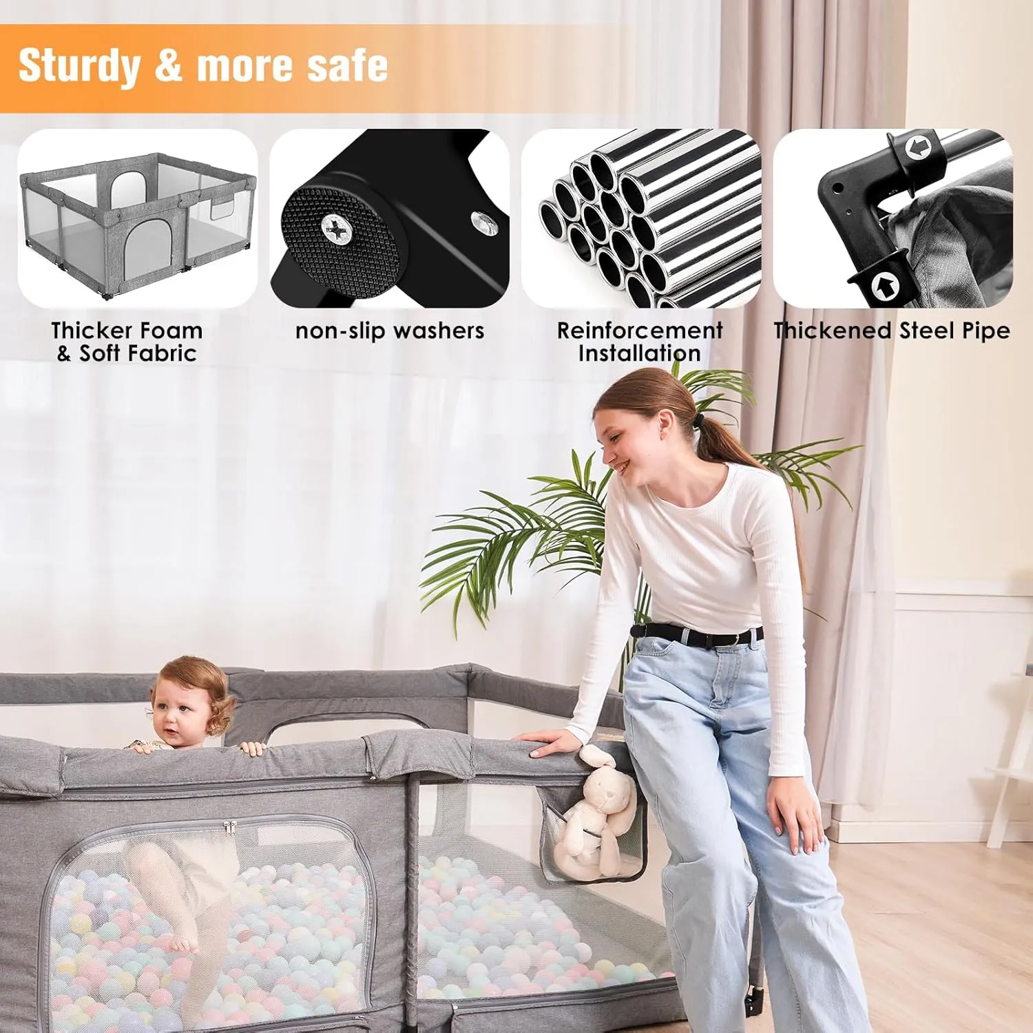 Foldable Baby Playpen with Gate, Extra Large Collapsible Play Yard for Babies & Toddlers, Portable Travel Play Pen with Fence, Safe Activity Center for Indoor & Outdoor Use (59"×71" Grey)