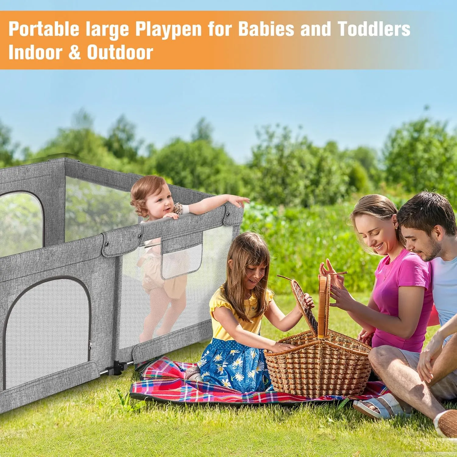 Foldable Baby Playpen with Gate, Extra Large Collapsible Play Yard for Babies & Toddlers, Portable Travel Play Pen with Fence, Safe Activity Center for Indoor & Outdoor Use (59"×71" Grey)
