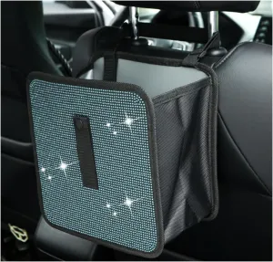 Foldable Car Trash Can, Bling Rhinestone Oxford Auto Hanging Garbage Bag, Crystal Leakproof Foldable Waste Organizer Universal for Most Vehicles, Interior Car Accessories (Lake Blue)
