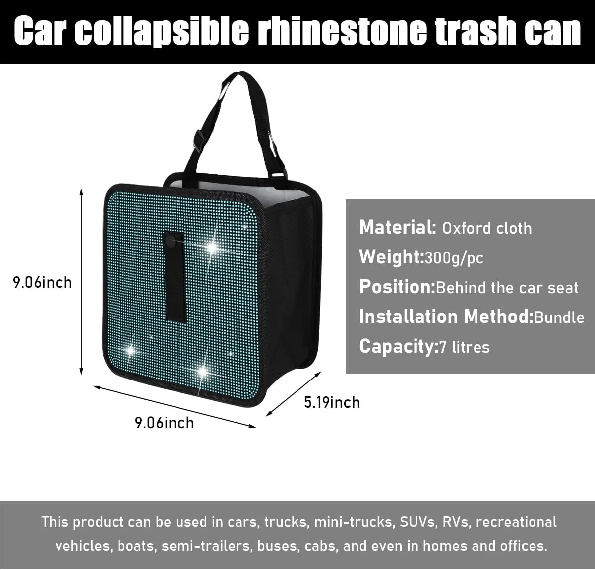 Foldable Car Trash Can, Bling Rhinestone Oxford Auto Hanging Garbage Bag, Crystal Leakproof Foldable Waste Organizer Universal for Most Vehicles, Interior Car Accessories (Lake Blue)