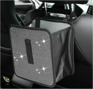 Foldable Car Trash Can, Bling Rhinestone Oxford Auto Hanging Garbage Bag, Crystal Leakproof Foldable Waste Organizer Universal for Most Vehicles, Interior Car Accessories (White)