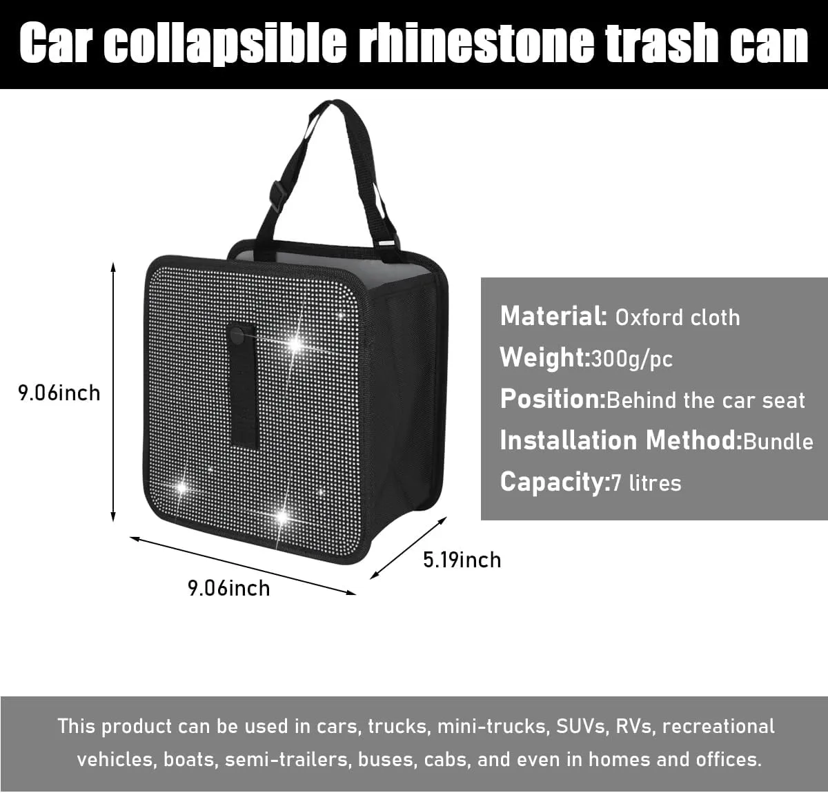 Foldable Car Trash Can, Bling Rhinestone Oxford Auto Hanging Garbage Bag, Crystal Leakproof Foldable Waste Organizer Universal for Most Vehicles, Interior Car Accessories (White)