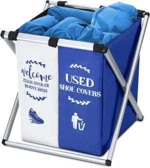 Foldable Disposable Shoe Cover Box Dispenser Fabric Storage Bin Holder with Used Shoe Covers and Welcome Please or Remove Sign for Open House Supplies(Beige, Dark Blue)