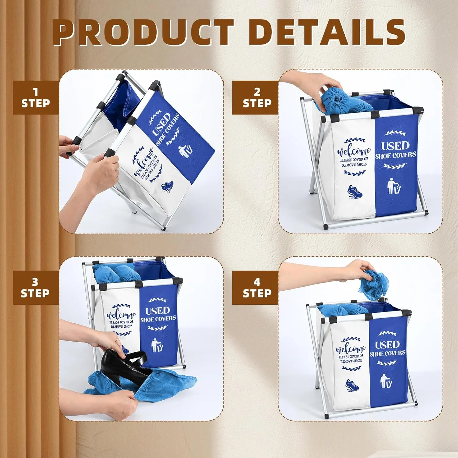 Foldable Disposable Shoe Cover Box Dispenser Fabric Storage Bin Holder with Used Shoe Covers and Welcome Please or Remove Sign for Open House Supplies(Beige, Dark Blue)
