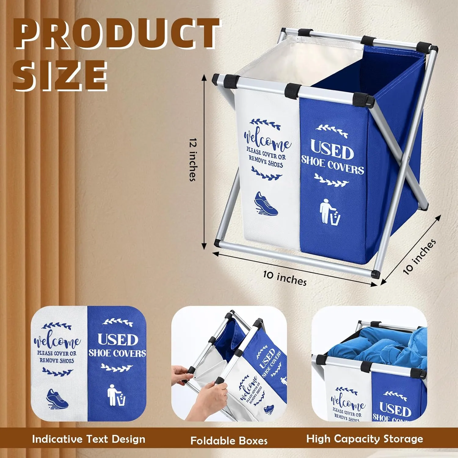Foldable Disposable Shoe Cover Box Dispenser Fabric Storage Bin Holder with Used Shoe Covers and Welcome Please or Remove Sign for Open House Supplies(Beige, Dark Blue)