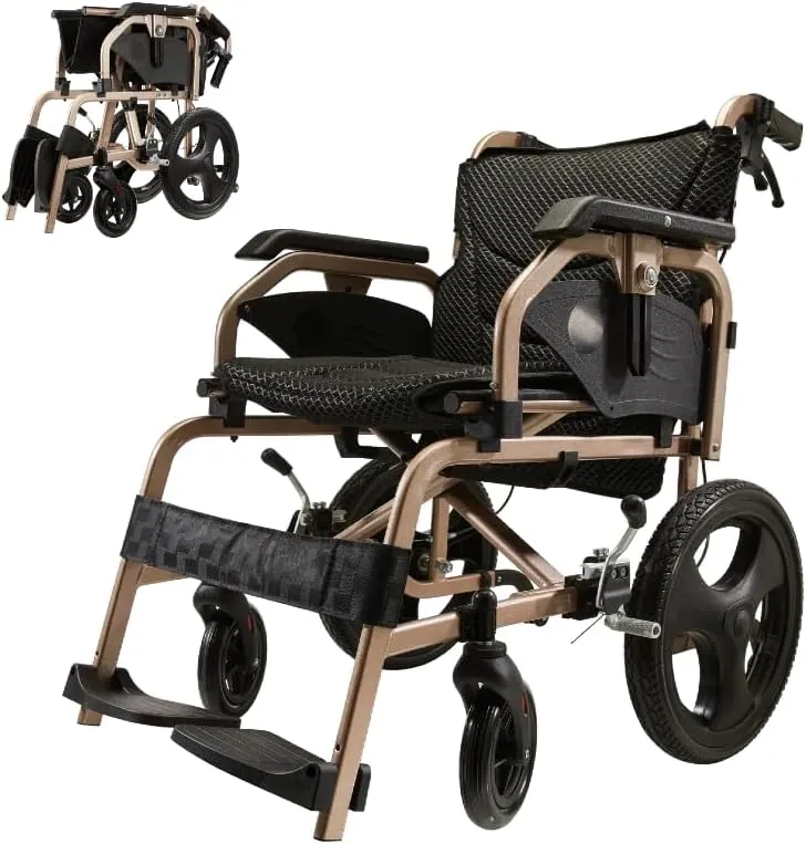 Foldable Lightweight Wheelchair for Adults - 27 lbs Portable Wheelchair with Double Hand Brakes, Reversible Adjustable Armrests & 15" Airless Tires - Champagne Gold