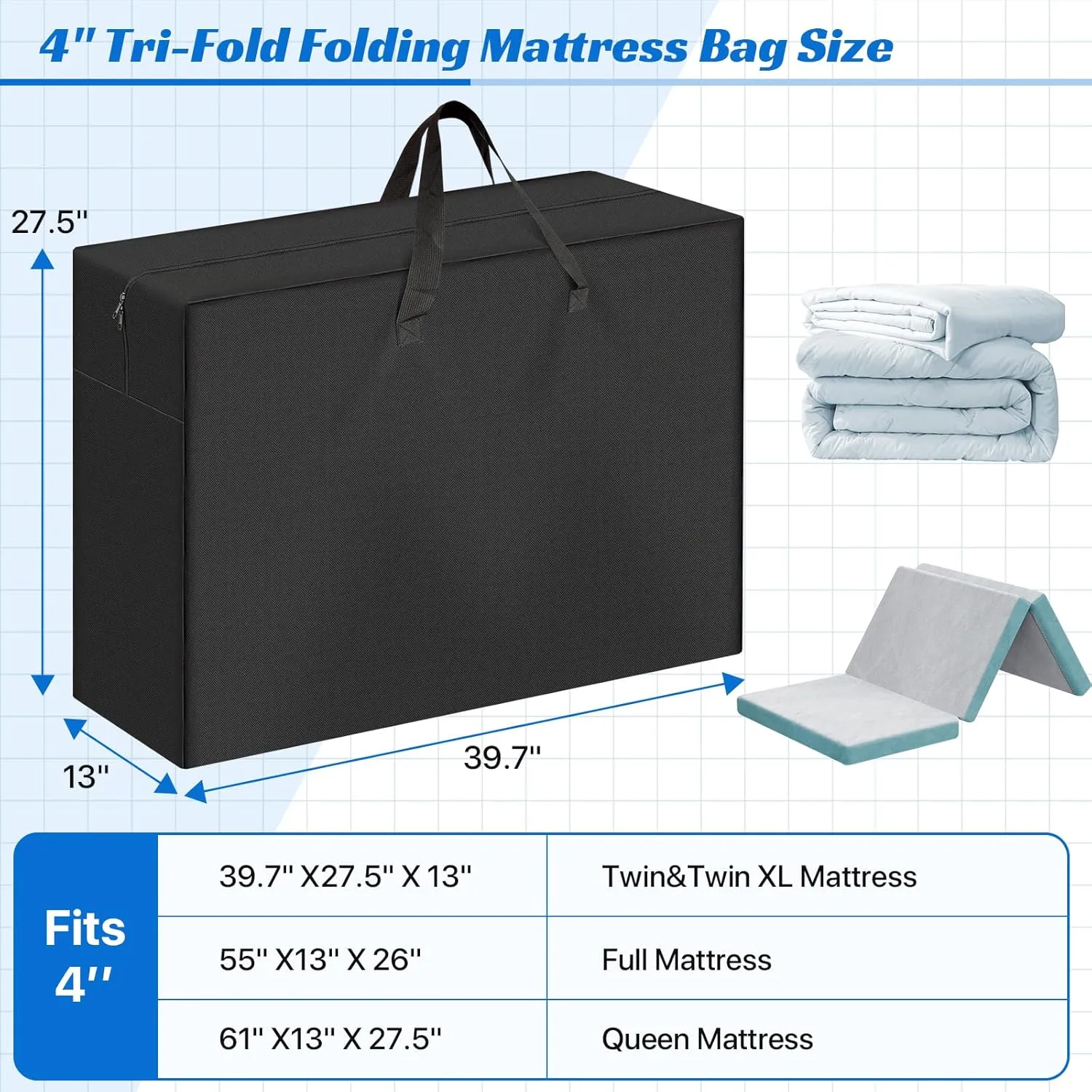 Foldable Mattress Storage Bag, 39.7" X27.5" X13" Portable Waterproof Carry Case for Trifold Memory Foam Twin&XL Twin Folding Mattress, 600D Oxford Heavy Duty Camping Bag, Black