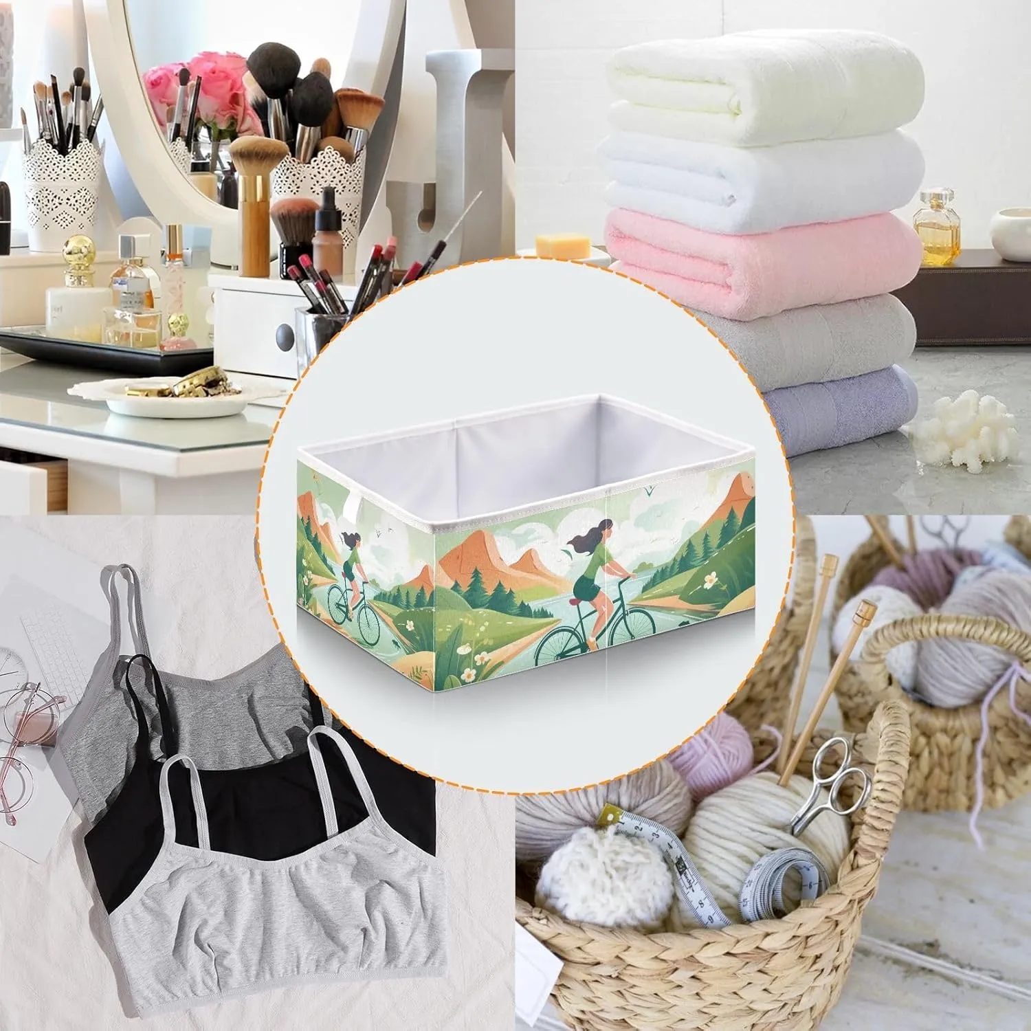 Foldable Storage Cube Spring Outing Cycling in Fields Organizer Basket for Home Shelf
