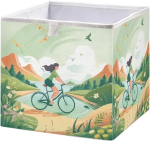 Foldable Storage Cube Spring Outing Cycling in Fields Organizer Basket for Home Shelf