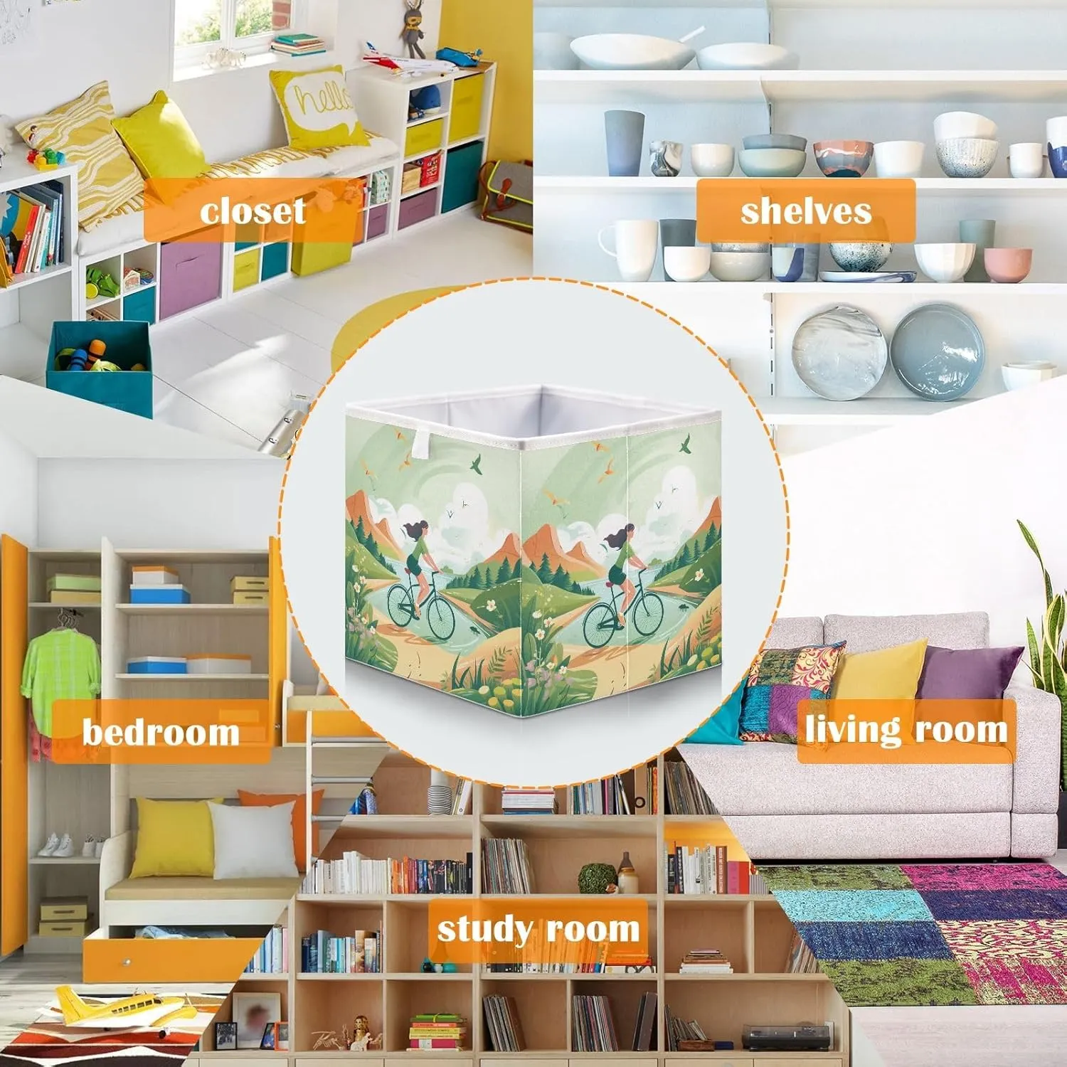 Foldable Storage Cube Spring Outing Cycling in Fields Organizer Basket for Home Shelf