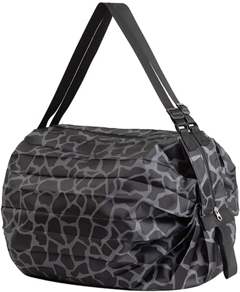 Foldable Water Resistant Tote Bag with Zipper, Large Reusable Grocery Shopping Bags Shoulder Bag for Gym Beach Travel Daily Use (Black Leopard)