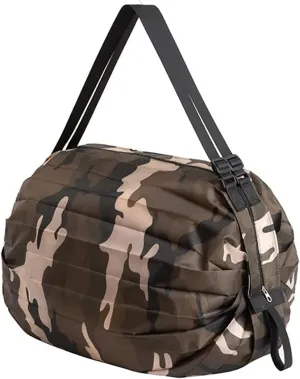 Foldable Water Resistant Tote Bag with Zipper, Large Reusable Grocery Shopping Bags Shoulder Bag for Gym Beach Travel Daily Use (Coffee Camo)