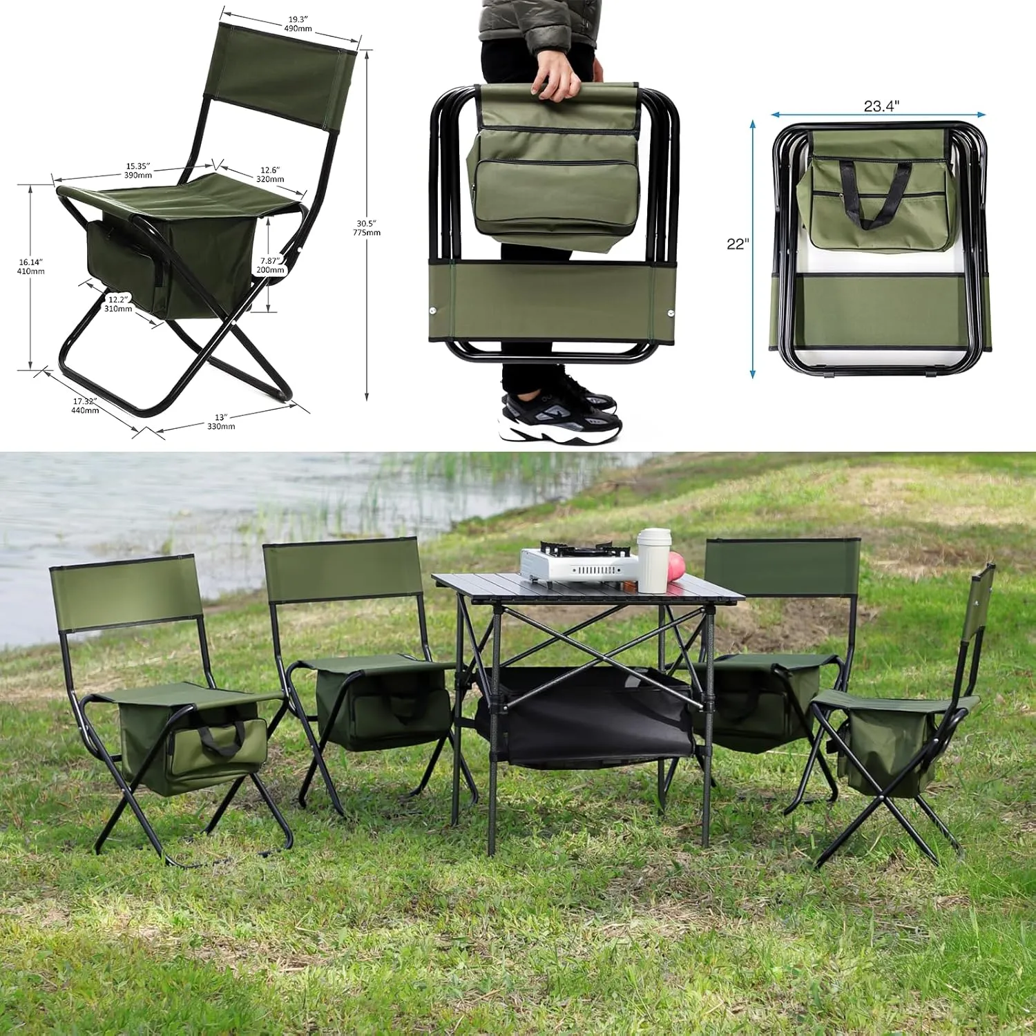 Folding Camping Chairs, Portable Outdoor Chair wirh Storage Bag, Foldable Camp Chair for Beach, Lawn, Fishing, Sports, Picnic, Backyard, Patio, 4 Pack, Green