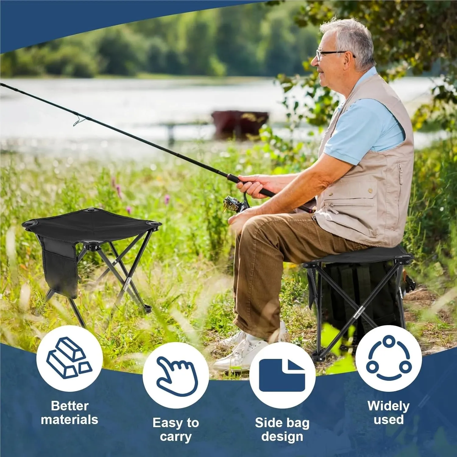 Folding Chair Outdoor Portable Folding Stool Oxford Cloth Folding Camping Stool(Black)
