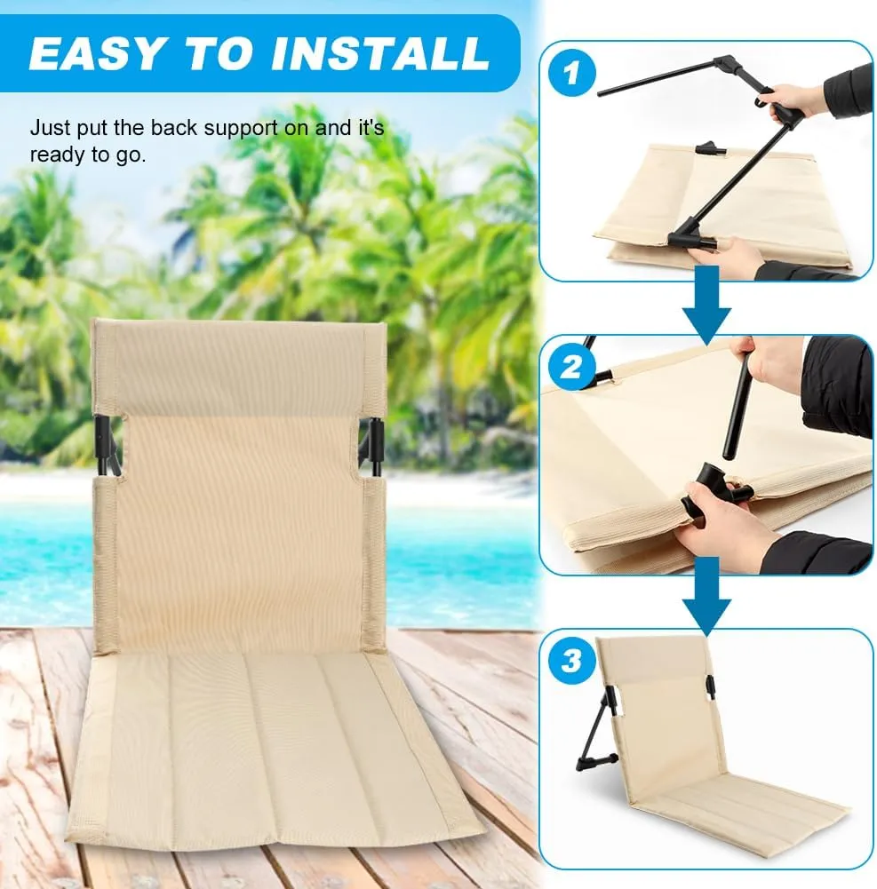 Folding Floor Chair with Backrest, Lightweight Outdoor Relaxing Chair, 1.4 lbs, Steel Frame, Portable with Carry Bag for Poolside, Beach, Camping, and Road Trips (2pcs Beige, Small)