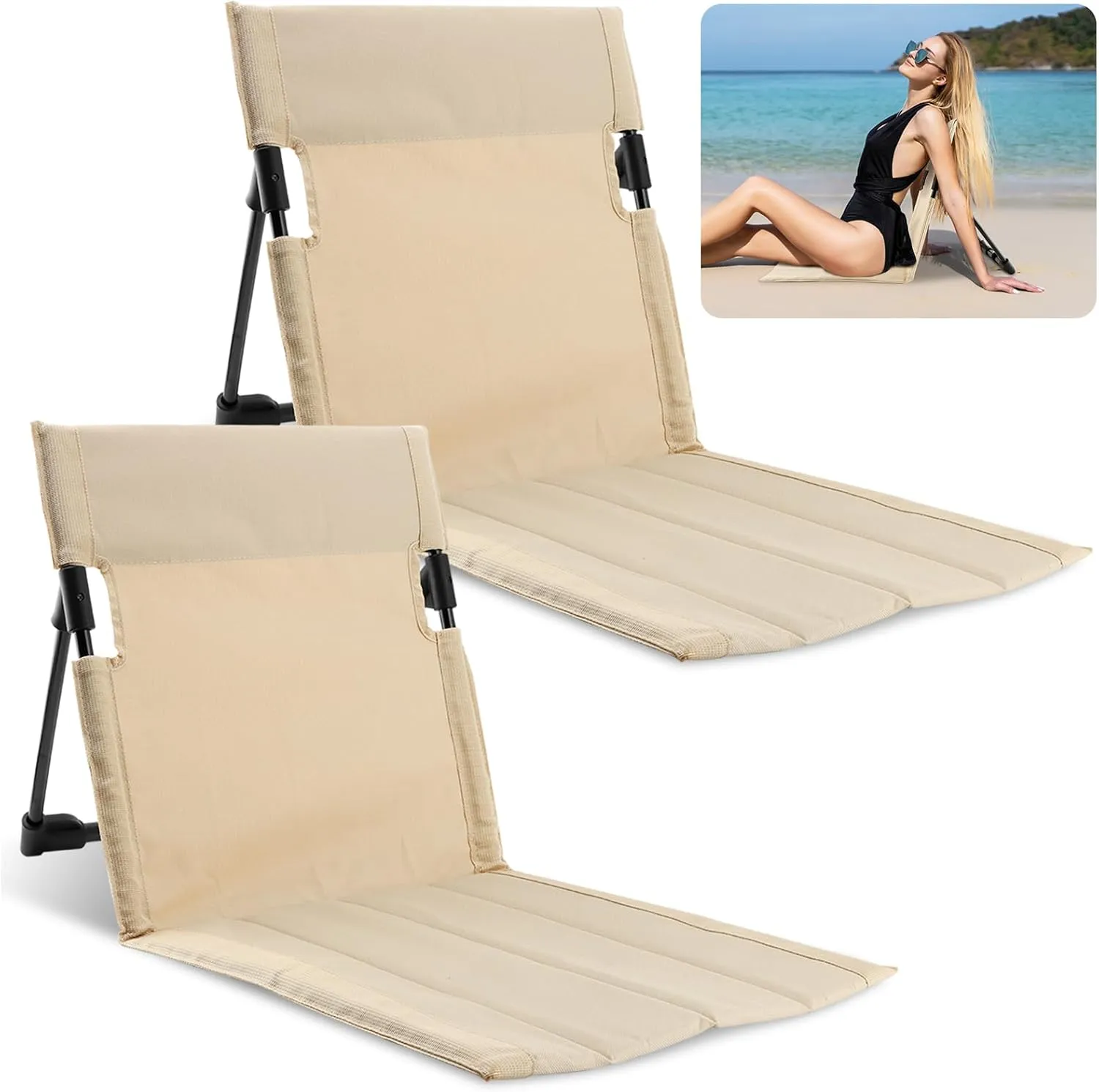 Folding Floor Chair with Backrest, Lightweight Outdoor Relaxing Chair, 1.4 lbs, Steel Frame, Portable with Carry Bag for Poolside, Beach, Camping, and Road Trips (2pcs Beige, Small)