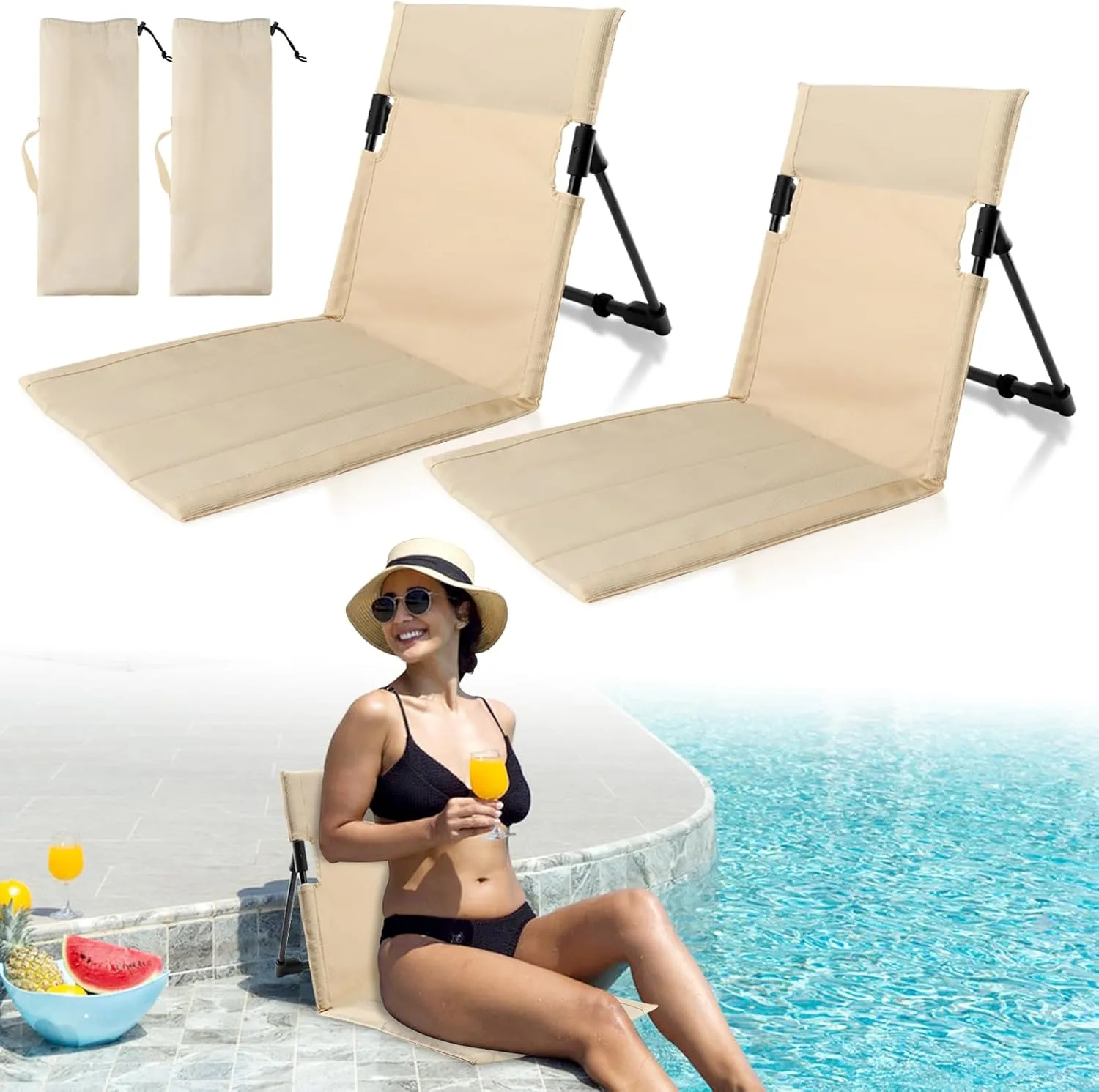 Folding Floor Chair with Backrest, Lightweight Outdoor Relaxing Chair, 1.4 lbs, Steel Frame, Portable with Carry Bag for Poolside, Beach, Camping, and Road Trips (2pcs Beige, Small)