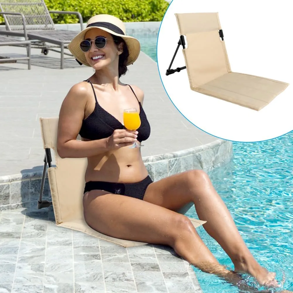 Folding Floor Chair with Backrest, Lightweight Outdoor Relaxing Chair, 1.4 lbs, Steel Frame, Portable with Carry Bag for Poolside, Beach, Camping, and Road Trips (Beige, Small)