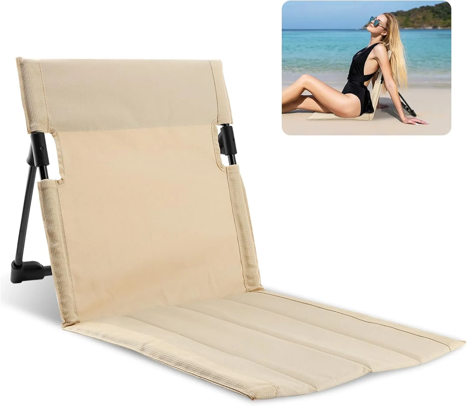 Folding Floor Chair with Backrest, Lightweight Outdoor Relaxing Chair, 1.4 lbs, Steel Frame, Portable with Carry Bag for Poolside, Beach, Camping, and Road Trips (Beige, Small)