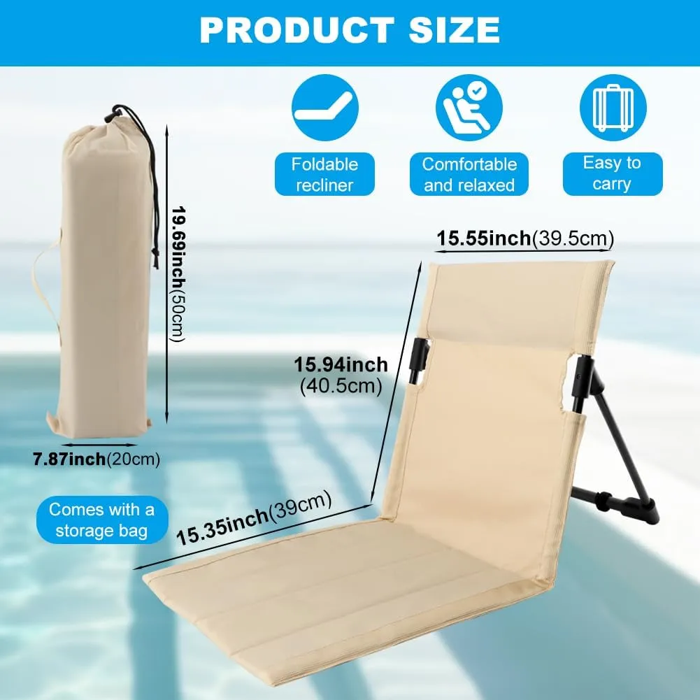 Folding Floor Chair with Backrest, Lightweight Outdoor Relaxing Chair, 1.4 lbs, Steel Frame, Portable with Carry Bag for Poolside, Beach, Camping, and Road Trips (Beige, Small)