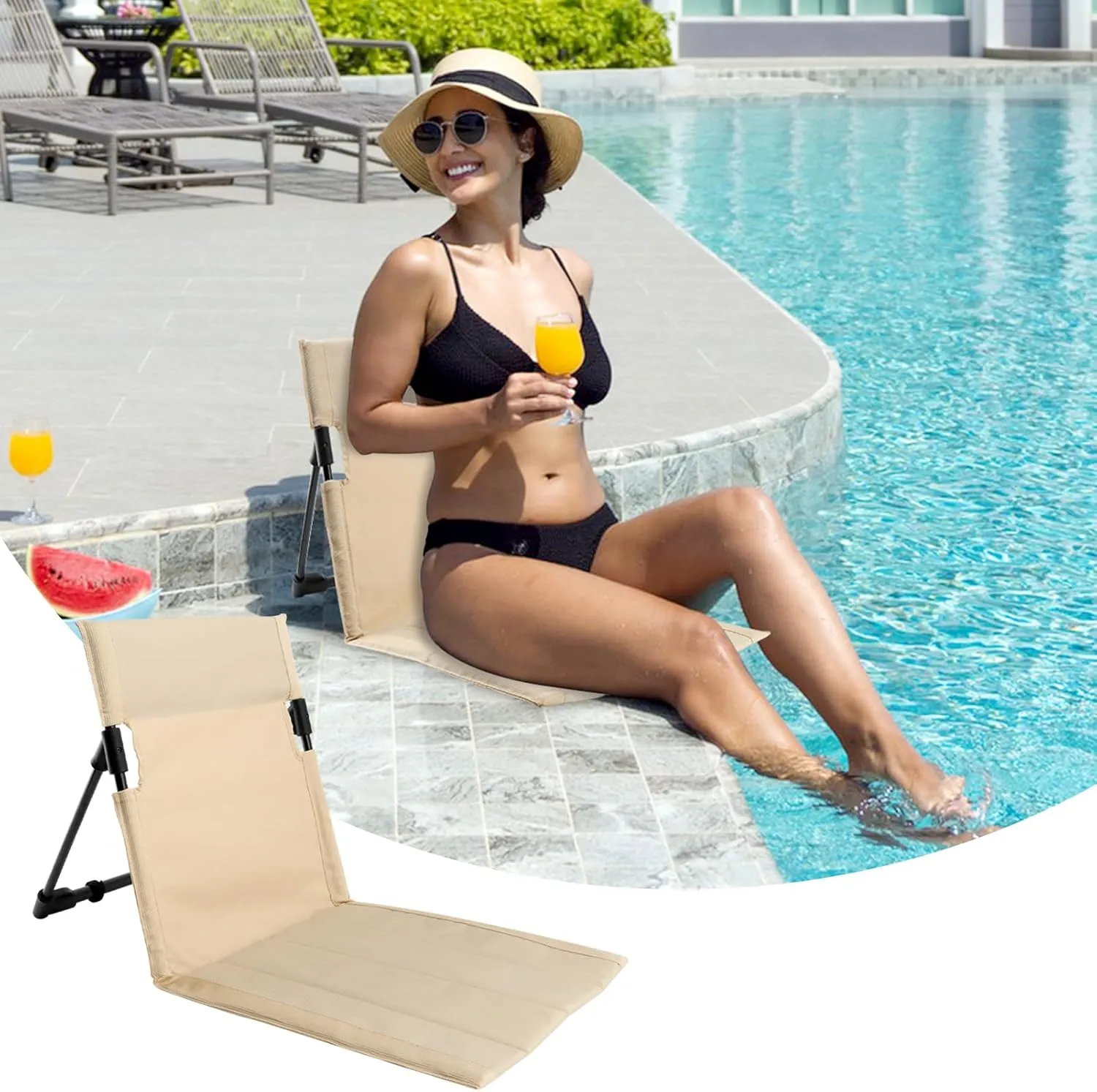 Folding Floor Chair with Backrest, Lightweight Outdoor Relaxing Chair, 1.4 lbs, Steel Frame, Portable with Carry Bag for Poolside, Beach, Camping, and Road Trips (Beige, Small)