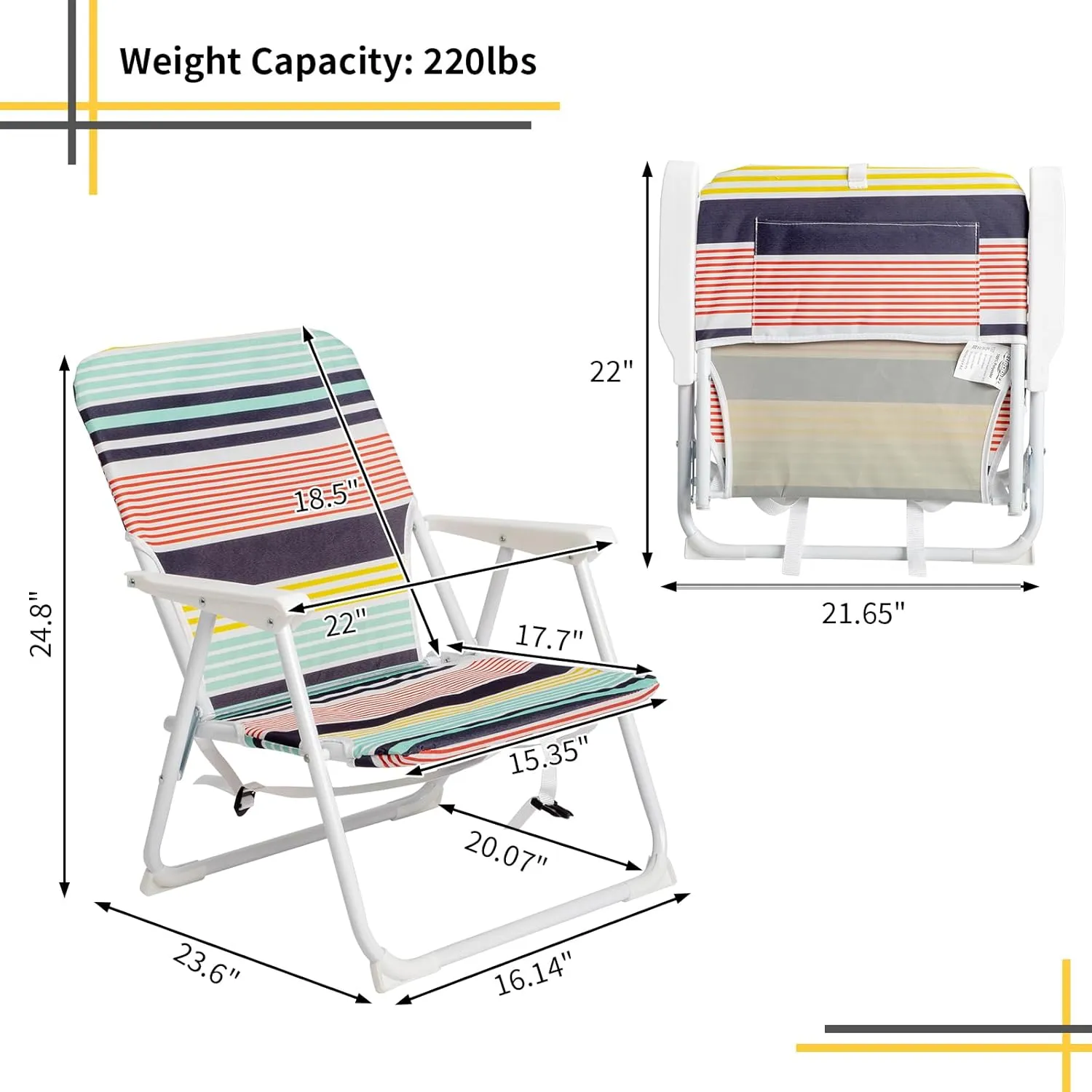 Folding Lawn Beach Chair,High Back Seat Backpack Portable Chairs for Adult,for Outdoor Camping Garden Concert Festival Sand Picnic BBQ,Supports 220 lbs (Style 1-Stripe)