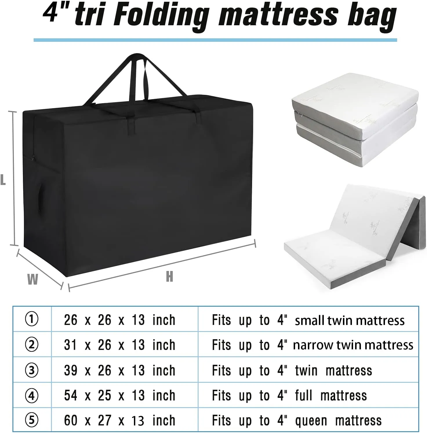 Folding Mattress Storage bags,Trifold Memory Foam Mattress Case,Portable Carrying Bag for 4" Twin Size Tri Fold Mattress