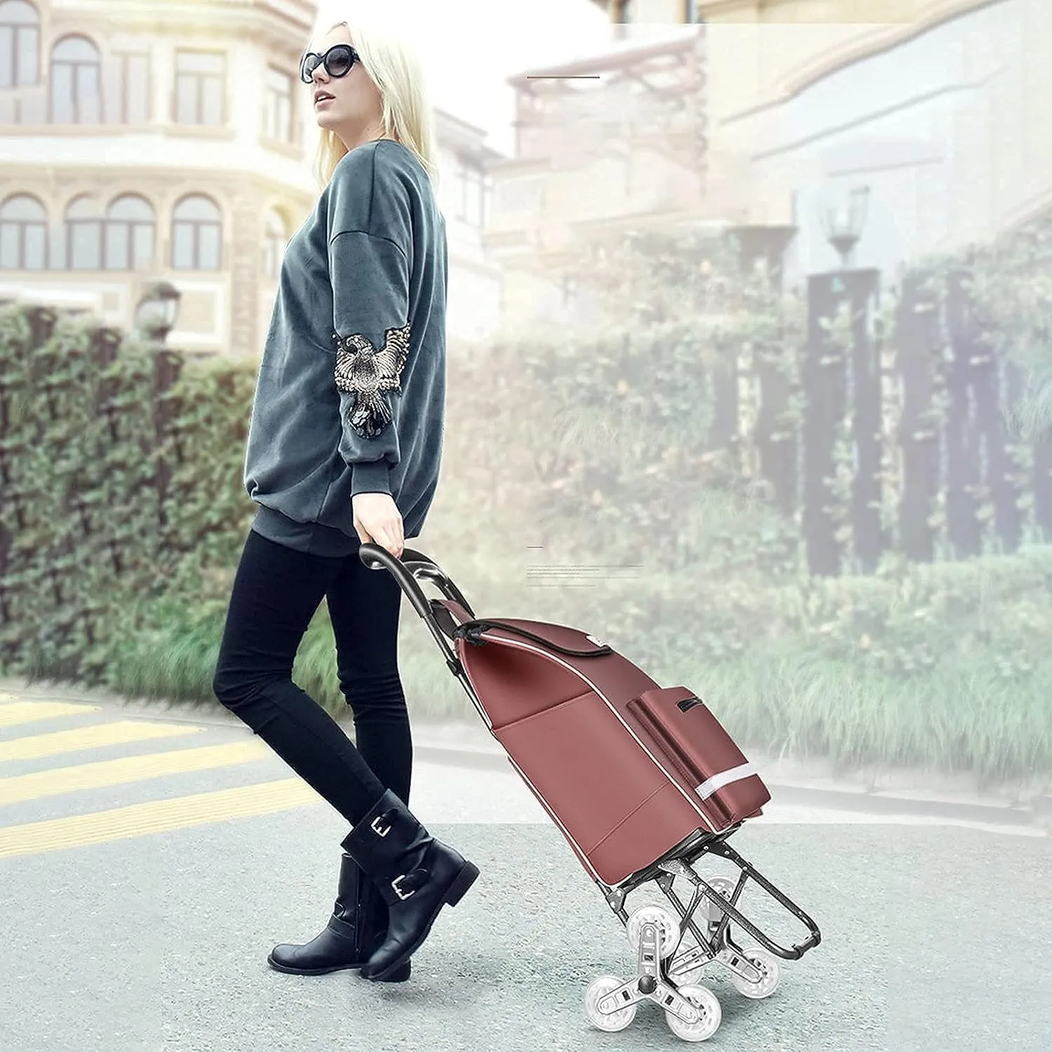 Folding Shopping Cart, Portable Shopping Cart Trolley Foldable Climb The Stairs Waterproof Oxford Cloth Portable Elder Grocery Grocery Utility Carts, 97*25cm, Brown