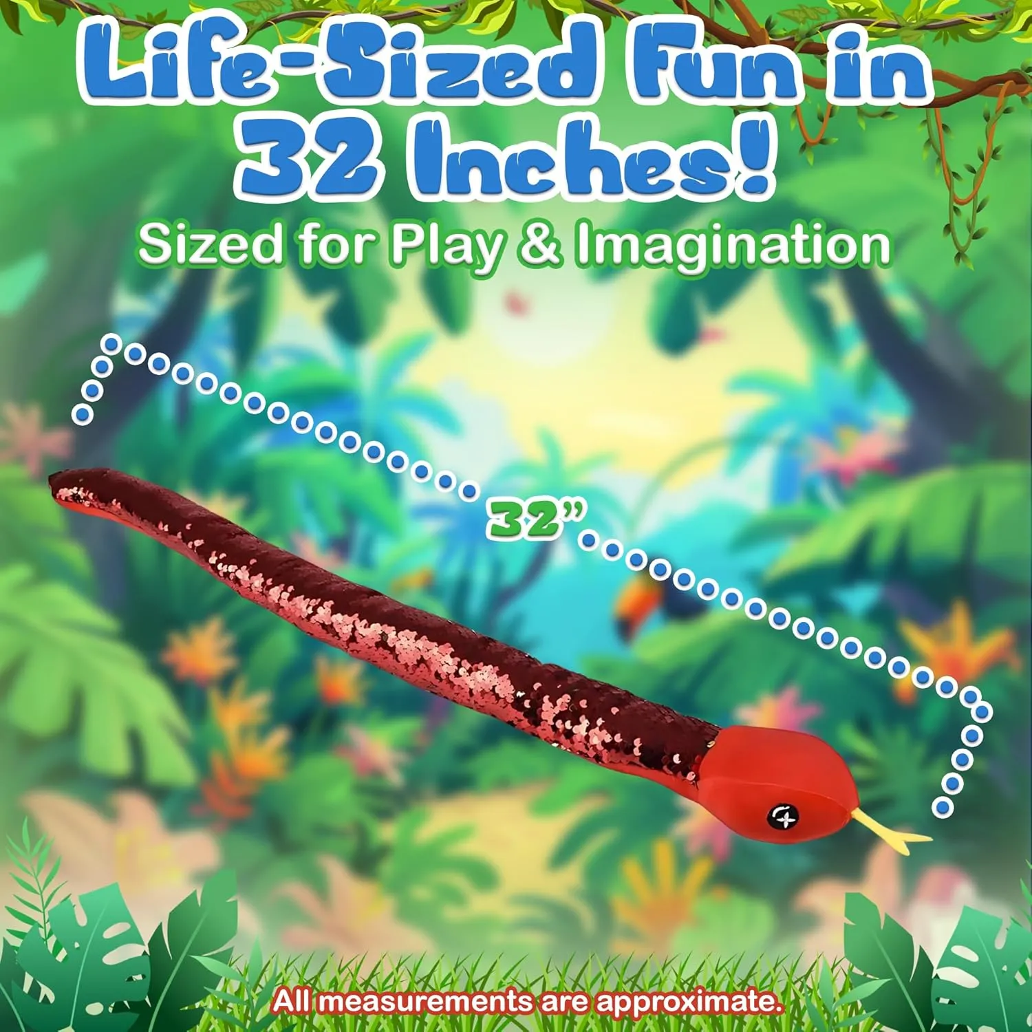 Forest & Twelfth 32” Reversible Sequin Stuffed Snake Toy Flip Sequin Plush Toys to Ignite Imaginations, Plush Jungle Animal Toys for Sensory Play, Ideal for Ages 3  (32" Red/Red)