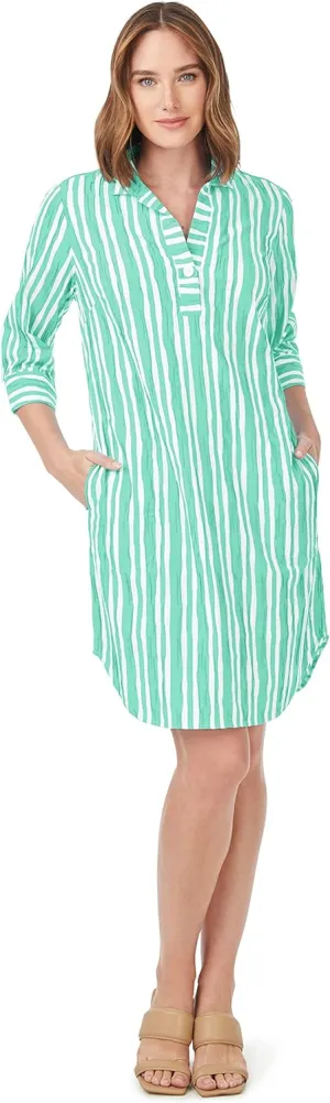 Foxcroft Women's Plus Size Sloane 3/4 Sleeve Beach Stripe Crinkle Dress