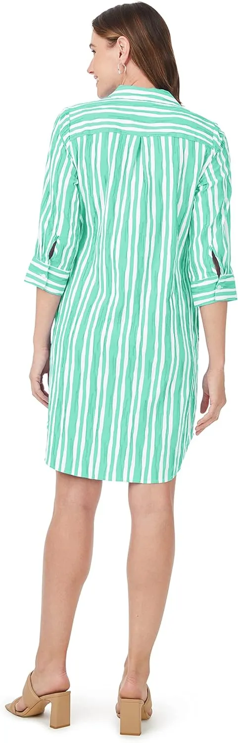 Foxcroft Women's Plus Size Sloane 3/4 Sleeve Beach Stripe Crinkle Dress