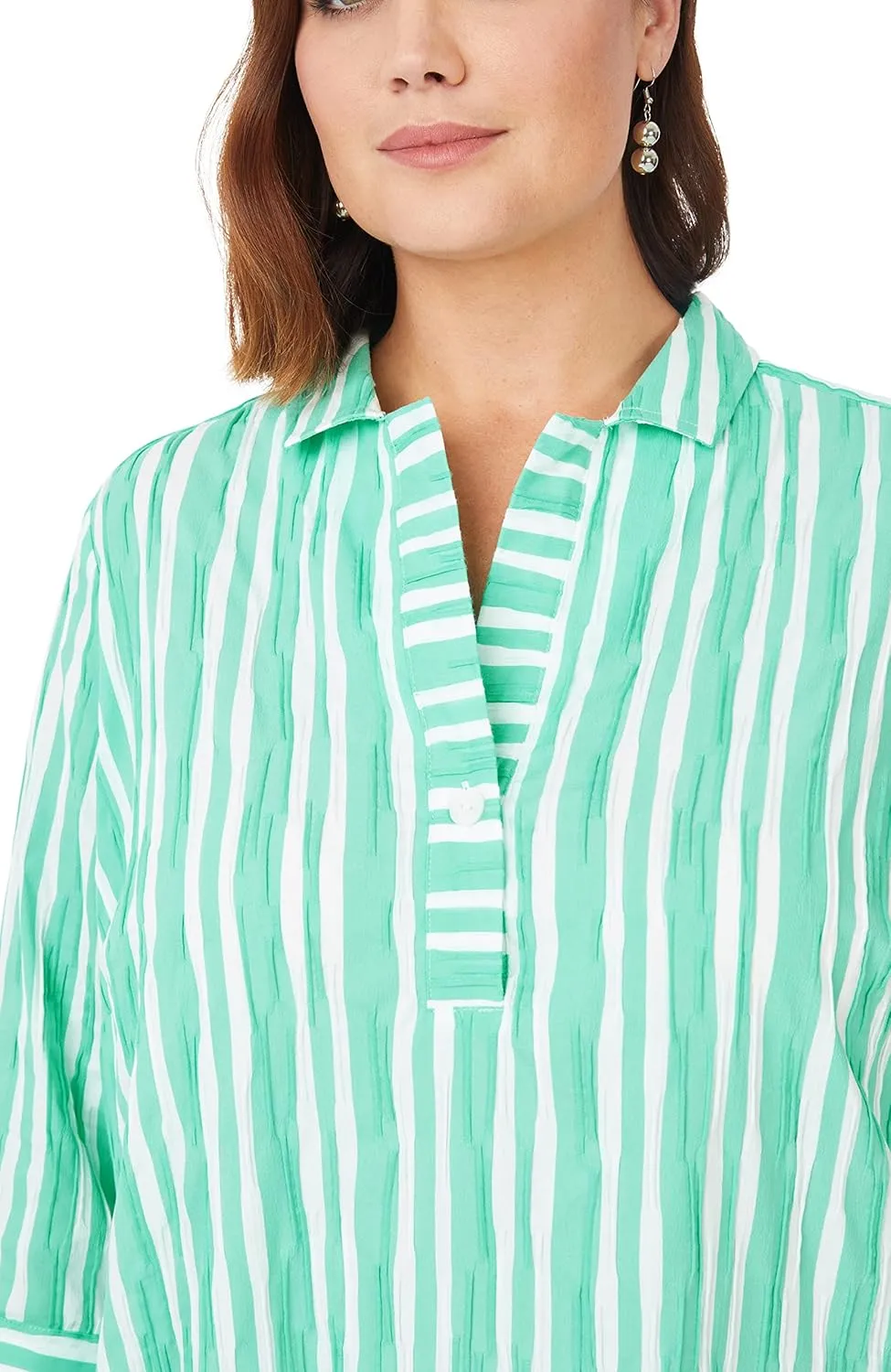 Foxcroft Women's Plus Size Sloane 3/4 Sleeve Beach Stripe Crinkle Dress