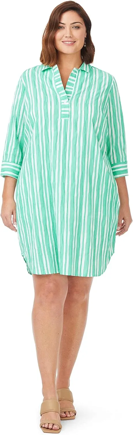 Foxcroft Women's Plus Size Sloane 3/4 Sleeve Beach Stripe Crinkle Dress