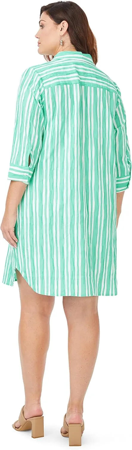 Foxcroft Women's Plus Size Sloane 3/4 Sleeve Beach Stripe Crinkle Dress