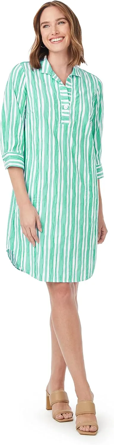 Foxcroft Women's Plus Size Sloane 3/4 Sleeve Beach Stripe Crinkle Dress