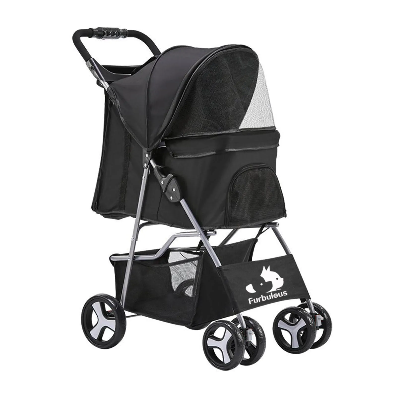 Furbulous Pet Stroller 4 Wheel Foldable Dog Pram Large Cat Travel Carrier - Black