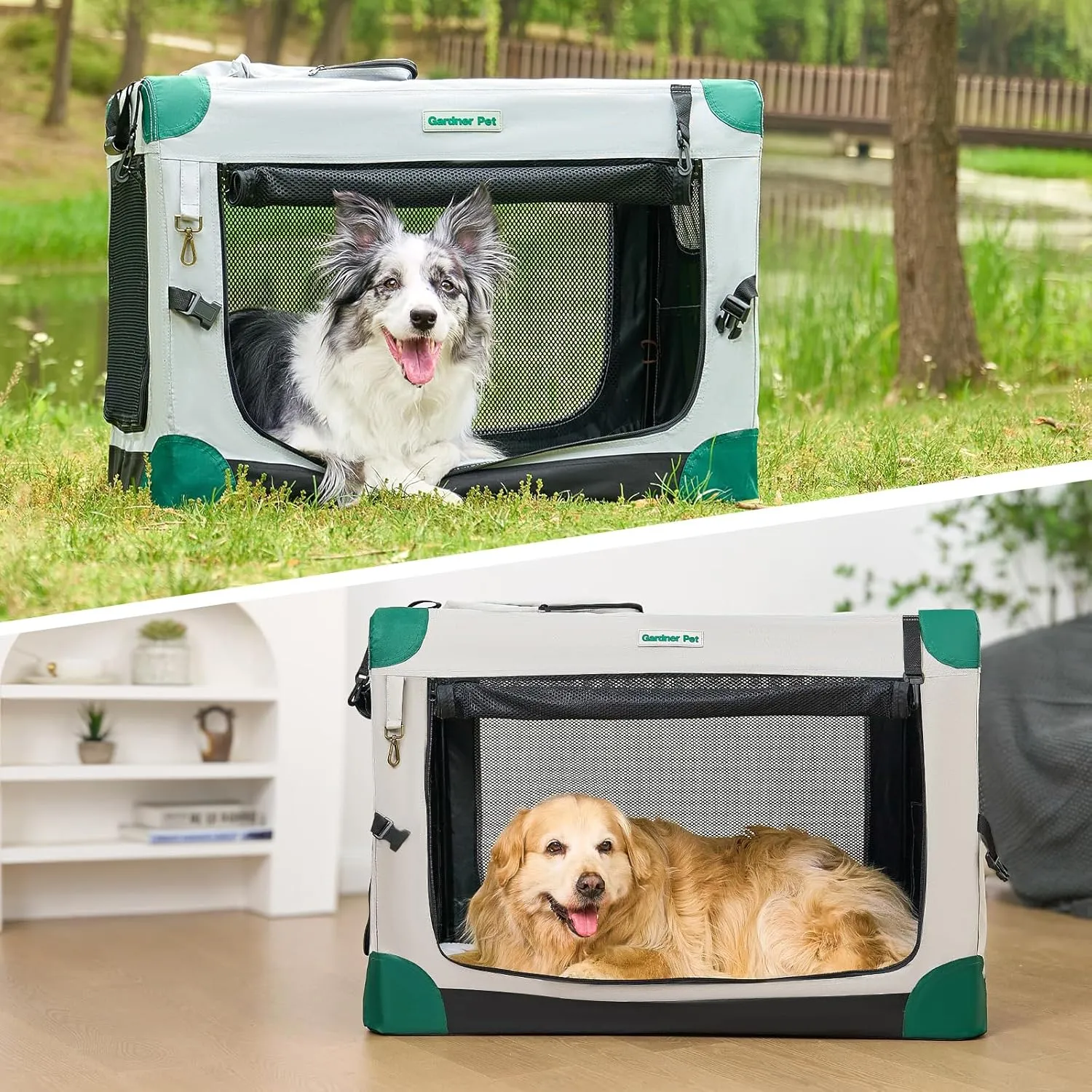 Gardner Pet Soft Collapsible Dog Crate - 36 Inch Portable Travel Dog Crate for Medium/Large Dogs Indoor & Outdoor, 3-Door Pet Crate with Durable Mesh Windows & Storage Bag, Grey