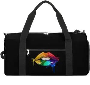 Gay Homosexual Lesbian Rainbow Lips Sports Gym Bag for Men Women Travel Duffel Bag with Shoulder Strap
