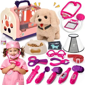 G.C Doctor Kit for Kids Girls Toys Dog, Electric Interactive Walking Barking Stuffed Puppy Toy Vet Kit Costume & Dog Carrier, Realistic Pet Care Veterinarian Playset, Gift for Girls 3 4 5 6 7 8