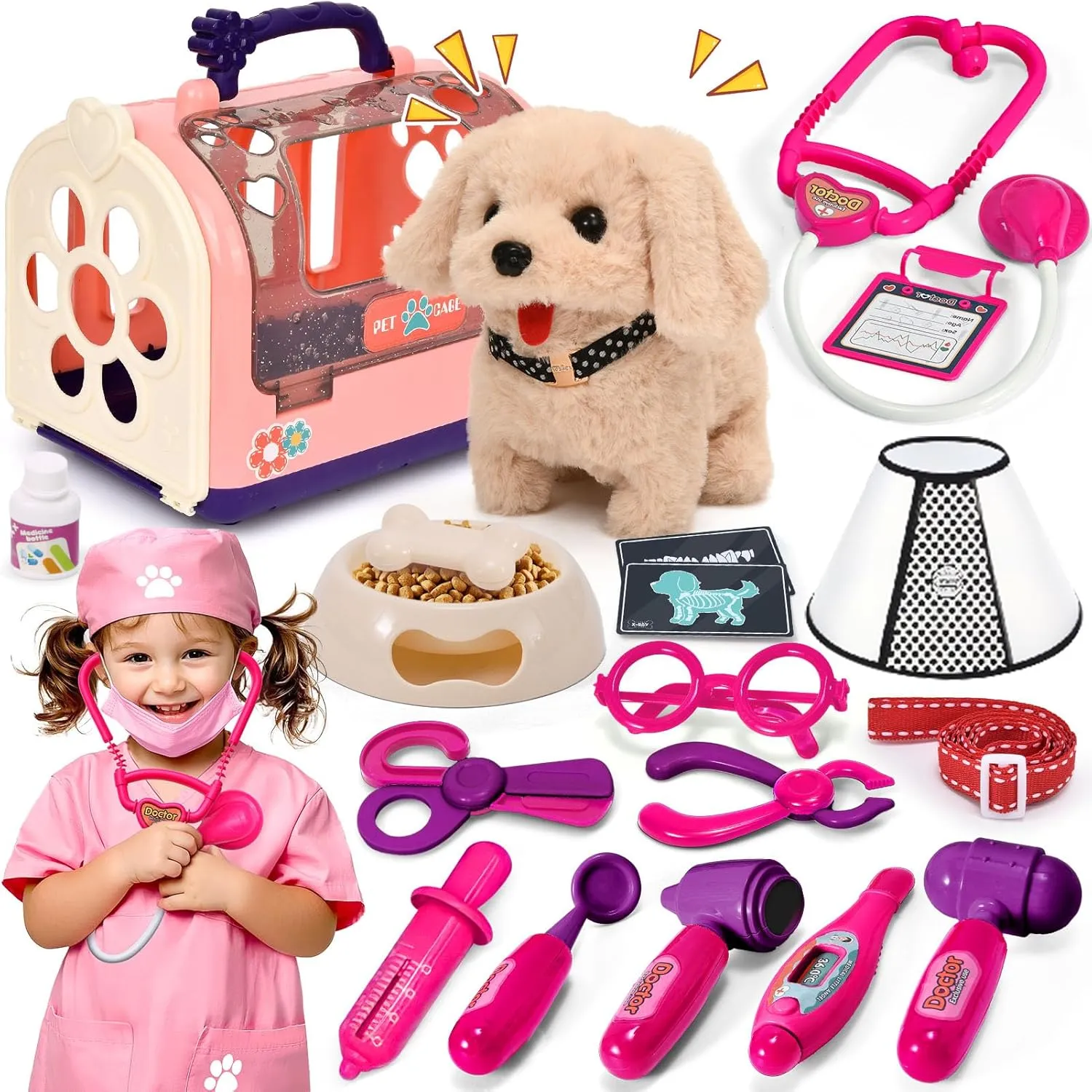G.C Doctor Kit for Kids Girls Toys Dog, Electric Interactive Walking Barking Stuffed Puppy Toy Vet Kit Costume & Dog Carrier, Realistic Pet Care Veterinarian Playset, Gift for Girls 3 4 5 6 7 8