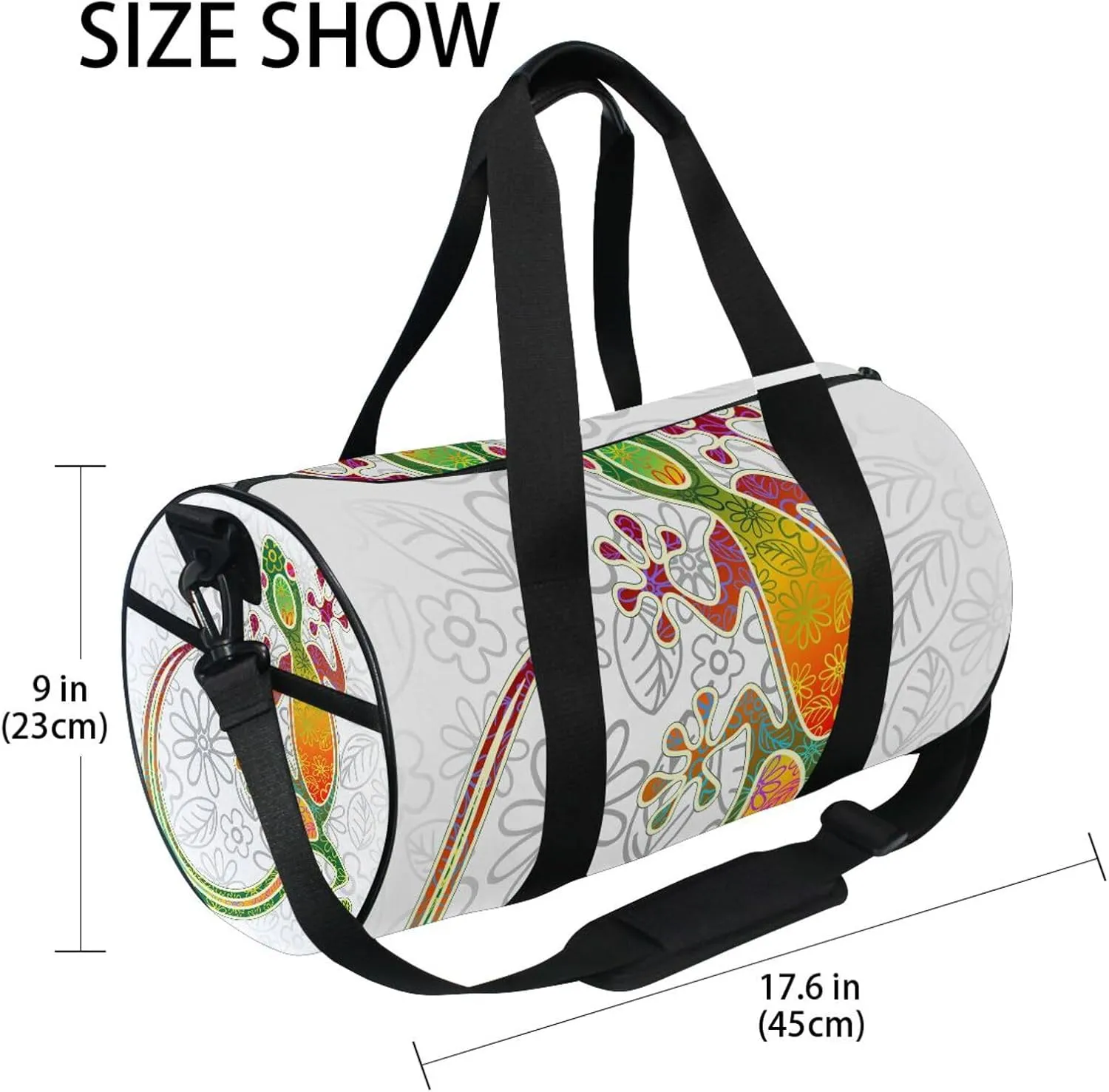Gecko Floral Tribal Art Colorful Portable Gym Bag, Travel Bag, Luggage bag, Sports Bag, Toiletry Bag with Handles, Detachable Shoulder Strap 17.6 x 9 x 9 inch