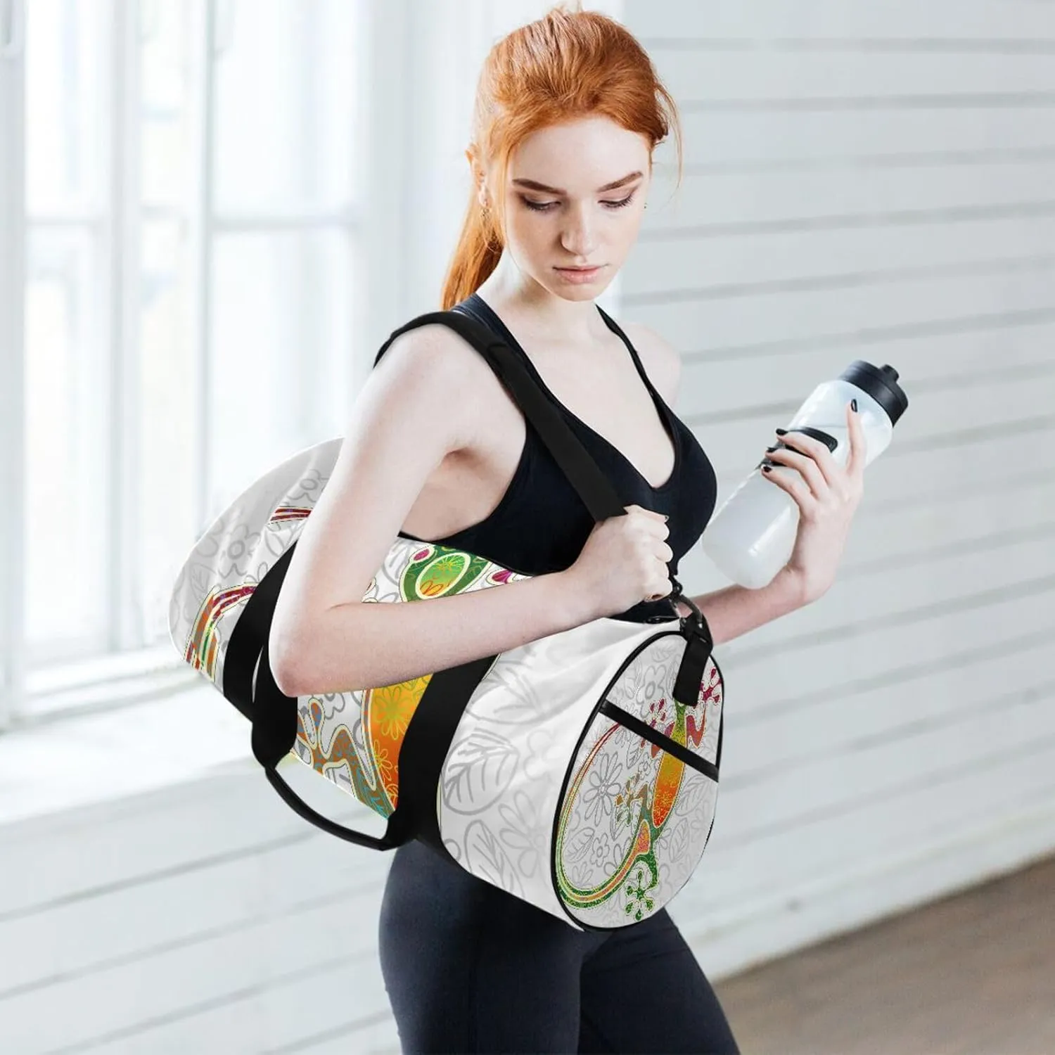 Gecko Floral Tribal Art Colorful Portable Gym Bag, Travel Bag, Luggage bag, Sports Bag, Toiletry Bag with Handles, Detachable Shoulder Strap 17.6 x 9 x 9 inch